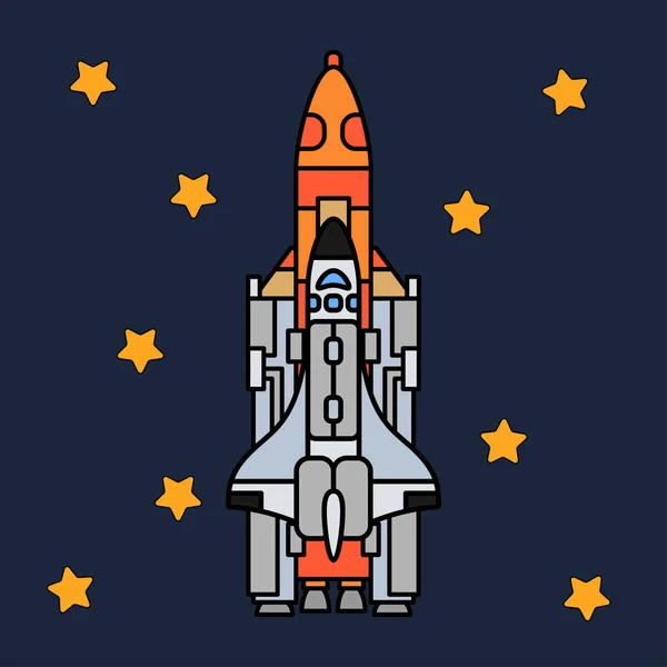 Line platt färg ikonen vektorelement av aerospace program multistage raket. Tecknad stil raket, astronaut äventyr. Rymdskepp teknik illustration. Utrymme utredningar. Galaxy. ClipArt-logotypen. — Stock vektor