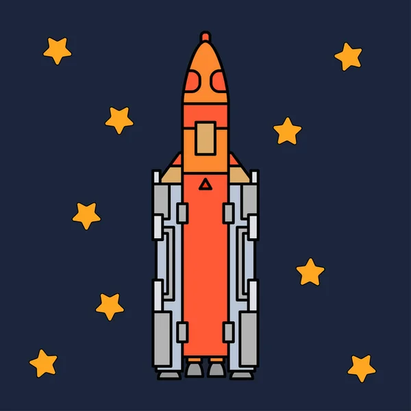 Line platt färg ikonen vektorelement av aerospace program multistage raket. Tecknad stil raket, astronaut äventyr. Rymdskepp teknik illustration. Utrymme utredningar. Galaxy. ClipArt-logotypen. — Stock vektor