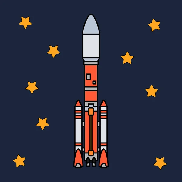 항공 우주 프로그램 multistage 로켓의 라인 플랫 컬러 벡터 아이콘 요소. 만화 스타일 로켓, 우주 비행사 모험입니다. 우주선 기술 그림입니다. 공간 조사입니다. 갤럭시입니다. 클립 아트 로고. — 스톡 벡터