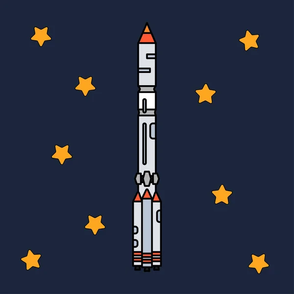 Line flat color vector icon elements of aerospace program multistage rocket. Cartoon style rocket, astronaut adventure. Spaceship technology illustration. Space investigations. Galaxy. Clipart logo. — Stock Vector