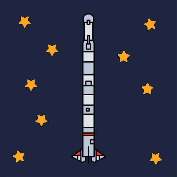 Line platt färg ikonen vektorelement av aerospace program multistage raket. Tecknad stil raket, astronaut äventyr. Rymdskepp teknik illustration. Utrymme utredningar. Galaxy. ClipArt-logotypen. — Stock vektor