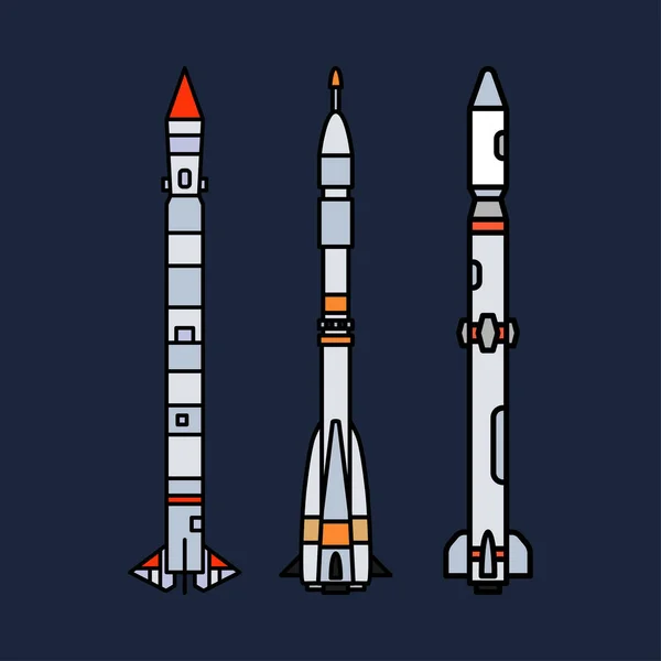 Havacılık ve uzay programı kademeli roket unsurları çizgi renk vektör Icon set. Karikatür tarzı roket, astronot macera. Uzay teknolojisi illüstrasyon. Uzay araştırmaları. Gökada. Clipart logosu.