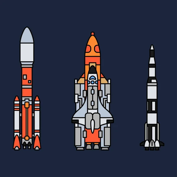 선 색 벡터 아이콘 항공 우주 프로그램 multistage 로켓의 요소를 설정합니다. 만화 스타일 로켓, 우주 비행사 모험입니다. 우주선 기술 그림입니다. 공간 조사입니다. 갤럭시입니다. 클립 아트 로고. — 스톡 벡터