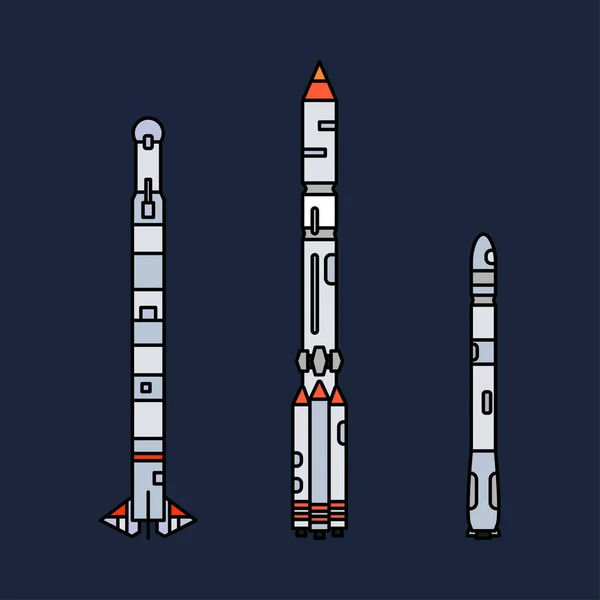 Linienfarbvektorsymbol setzt Elemente des Raumfahrtprogramms mehrstufige Rakete. Cartoon-Rakete, Astronautenabenteuer. Illustration der Raumschifftechnik. Weltraumuntersuchungen. Galaxie. Cliparts Logo. — Stockvektor