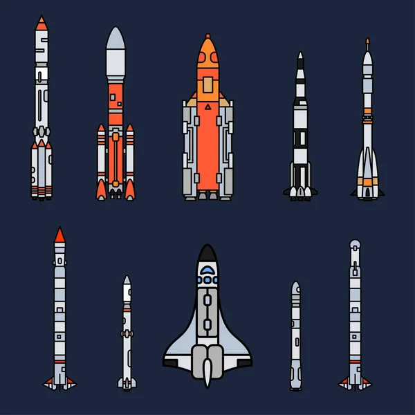 Havacılık ve uzay programı kademeli roket unsurları çizgi renk vektör Icon set. Karikatür tarzı roket, astronot macera. Uzay teknolojisi illüstrasyon. Uzay araştırmaları. Gökada. Clipart logosu.