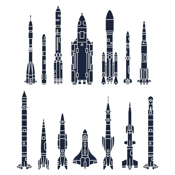 Ställ in svartvit siluett vektorelement ikonen av aerospace program multistage raket. Tecknad stil raket, astronaut äventyr. Rymdskepp teknik illustration. Utrymme utredningar. Galaxy. Logotyp. — Stock vektor