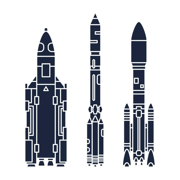 Set monochrome Silhouette Vektor-Icon-Elemente des Raumfahrtprogramms mehrstufige Rakete. Cartoon-Rakete, Astronautenabenteuer. Illustration der Raumschifftechnik. Weltraumuntersuchungen. Galaxie. Logo. — Stockvektor