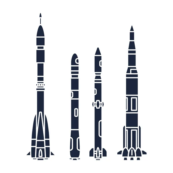 航空宇宙プログラム多段式ロケットのモノクロ シルエット ベクトル アイコン要素を設定します。漫画スタイルのロケット、宇宙飛行士の冒険。宇宙船技術イラスト。スペース調査。銀河。ロゴ. — ストックベクタ