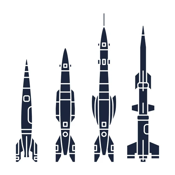 Impostare elementi icona vettoriale silhouette monocromatica del razzo multistadio programma aerospaziale. Razzo in stile cartone animato, avventura astronauta. Illustrazione tecnologia astronave. Indagini spaziali. Galassia. Logo . — Vettoriale Stock