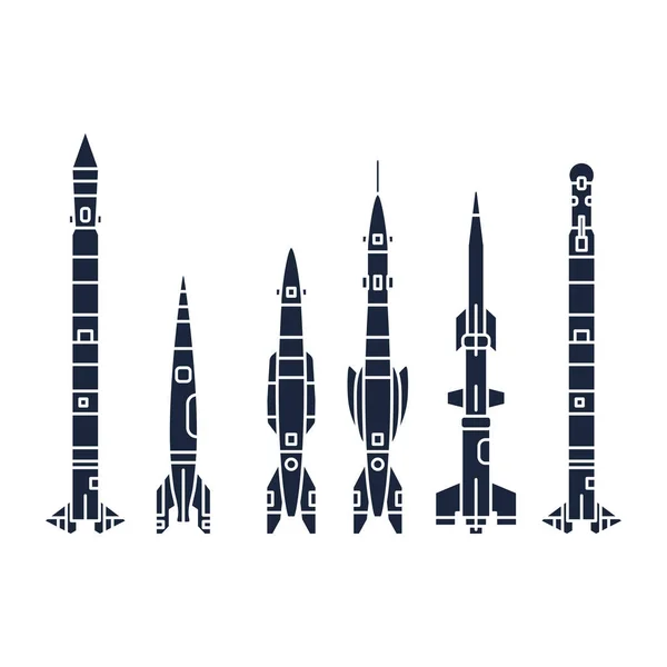 航空宇宙プログラム多段式ロケットのモノクロ シルエット ベクトル アイコン要素を設定します。漫画スタイルのロケット、宇宙飛行士の冒険。宇宙船技術イラスト。スペース調査。銀河。ロゴ. — ストックベクタ
