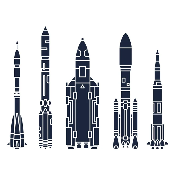 设置航空航天程序多级火箭的单色剪影矢量图标元素。卡通风格的火箭, 宇航员的冒险。太空船技术例证。空间调查。星系。标志. — 图库矢量图片