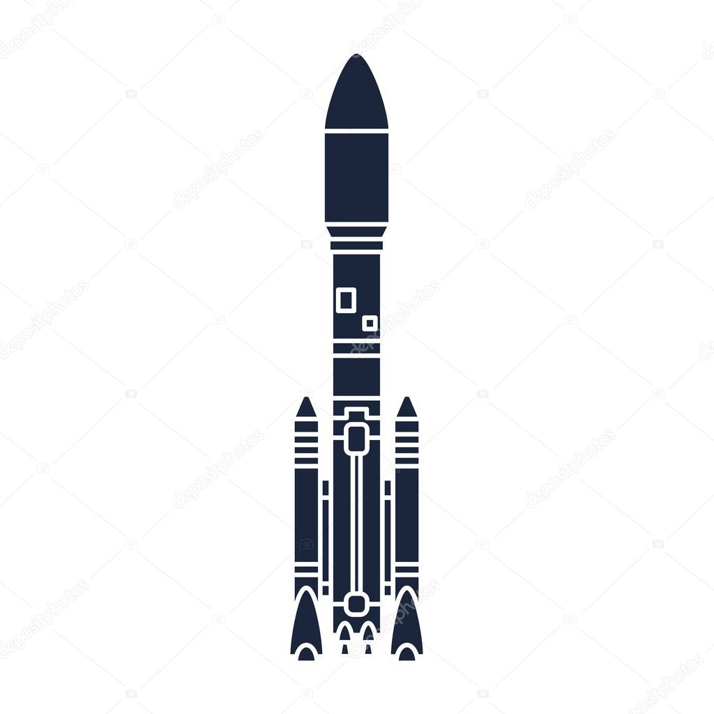 Flat monochrome silhouette vector icon elements of aerospace program multistage rocket. Cartoon style rocket, astronaut adventure. Spaceship technology illustration. Space investigations. Galaxy. Logo