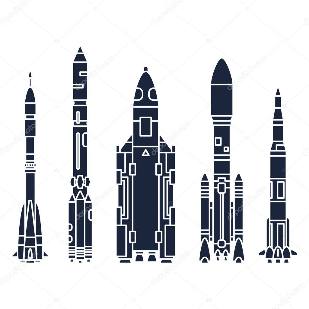 Set monochrome silhouette vector icon elements of aerospace program multistage rocket. Cartoon style rocket, astronaut adventure. Spaceship technology illustration. Space investigations. Galaxy. Logo.