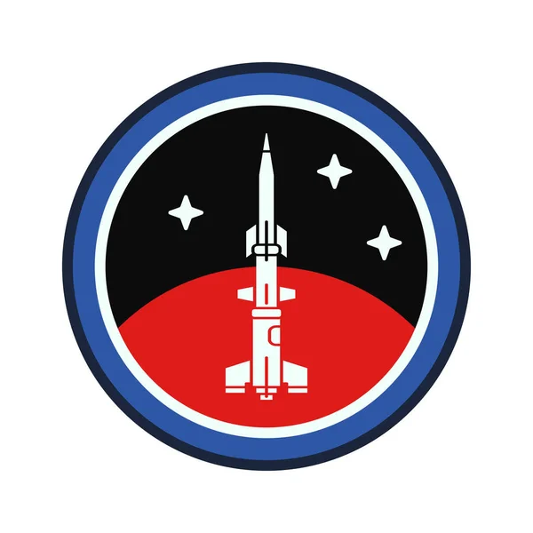 Daire şerit siluet vektör logosu Havacılık mars program kademeli roket. Galaxy araştırmalar amblemi. Karikatür tarzı roket, astronot Insignia ekipman. Uzay teknolojisi illüstrasyon.
