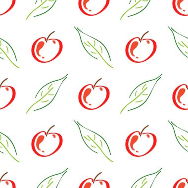 Elma meyve vektör rengi Dikişsiz desen yaprak. Basitleştirilmiş retro illüstrasyon. Kağıt arka plan kaydırma veya karalama defteri. Çocukça çizgi film tarzı doodle sanat. Öğe tasarım, duvar kağıdı, baskı kumaş için.