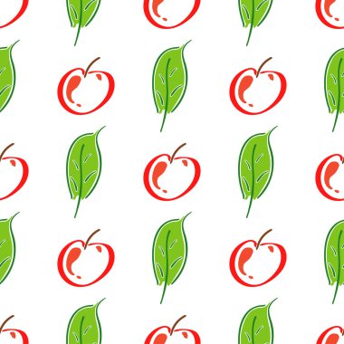 Elma meyve vektör rengi Dikişsiz desen yaprak. Basitleştirilmiş retro illüstrasyon. Kağıt arka plan kaydırma veya karalama defteri. Çocukça çizgi film tarzı doodle sanat. Öğe tasarım, duvar kağıdı, baskı kumaş için.