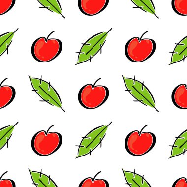 Elma meyve vektör rengi Dikişsiz desen yaprak. Basitleştirilmiş retro illüstrasyon. Kağıt arka plan kaydırma veya karalama defteri. Çocukça çizgi film tarzı doodle sanat. Öğe tasarım, duvar kağıdı, baskı kumaş için.