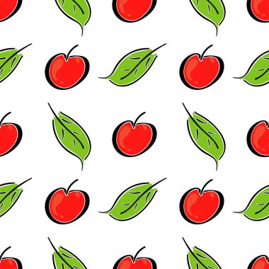 Elma meyve vektör rengi Dikişsiz desen yaprak. Basitleştirilmiş retro illüstrasyon. Kağıt arka plan kaydırma veya karalama defteri. Çocukça çizgi film tarzı doodle sanat. Öğe tasarım, duvar kağıdı, baskı kumaş için.