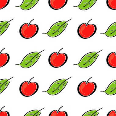 Elma meyve vektör rengi Dikişsiz desen yaprak. Basitleştirilmiş retro illüstrasyon. Kağıt arka plan kaydırma veya karalama defteri. Çocukça çizgi film tarzı doodle sanat. Öğe tasarım, duvar kağıdı, baskı kumaş için.