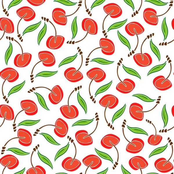 Sweet cherry fruit color vector plain seamless garden pattern. Simplified retro illustration. Wrapping or scrapbook paper background.Childish doodle art. Element for design, wallpaper, fabric printing — Stock Vector