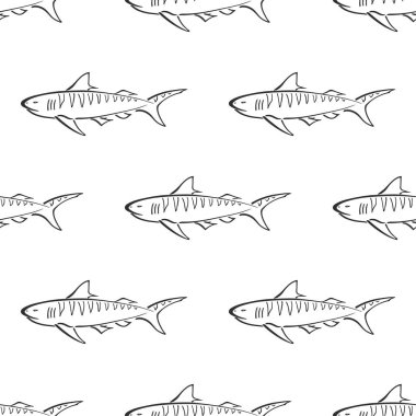 Kaplan köpekbalığı karakter soyut el vektör sorunsuz desen çizilmiş. Basitleştirilmiş retro illüstrasyon. Okyanus mavisi. Deniz hayvanı eğrisi boya işareti. Karalama çizimi. Tasarım, duvar kağıdı, kumaş baskı için eleman.