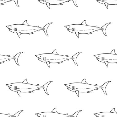 Beyaz köpekbalığı karakteri soyut el çizimi vektör kusursuz desen. Basitleştirilmiş retro illüstrasyon. Okyanus mavisi. Deniz hayvanı eğrisi boya işareti. Karalama çizimi. Tasarım elementi, duvar kağıdı, kumaş baskısı.