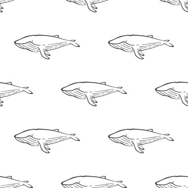 Balina karakteri soyut el çizimi vektör pürüzsüz desen. Retro illüstrasyon. Deniz yaban memelisi. Okyanus ve deniz hayvanı eğrisi boya işareti. Karalama çizimi. Tasarım elementi, duvar kağıdı, kumaş baskısı.