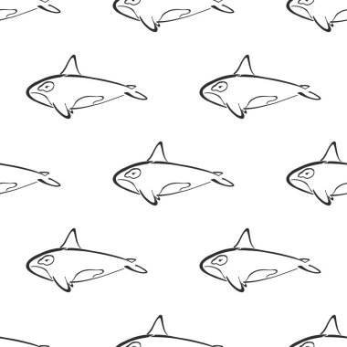 Katil balina karakter soyut el vektör sorunsuz desen çizilmiş. Retro illüstrasyon. Deniz vahşi memelisi. Okyanus ve deniz hayvanı eğrisi boya işareti. Karalama çizimi. Tasarım için eleman, kumaş baskı. Çene.
