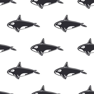 Katil balina karakter soyut el vektör sorunsuz desen çizilmiş. Retro illüstrasyon. Deniz vahşi memelisi. Okyanus ve deniz hayvanı eğrisi boya işareti. Karalama çizimi. Tasarım için eleman, kumaş baskı. Çene.