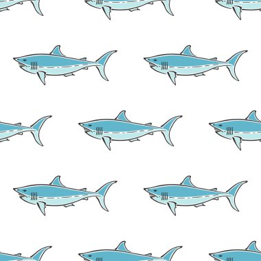 Beyaz köpekbalığı karakteri soyut el çizimi vektör kusursuz desen. Basitleştirilmiş renk çizimi. Okyanus mavisi. Deniz hayvanı eğrisi boya işareti. Karalama çizimi. Tasarım elementi, duvar kağıdı, kumaş baskısı.