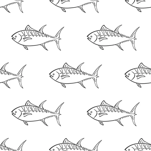 Tłuszcz tuńczyka charakter abstrakcyjny odręczny wyciągnąć wektor bezszwowe wzór. Uproszczona ilustracja w stylu retro. Ocean, morze zwierząt krzywa znak farby. Szkic Doodle. Element do projektowania, Tapety, tkaniny druku. Przeglądarka tuńczyka — Wektor stockowy