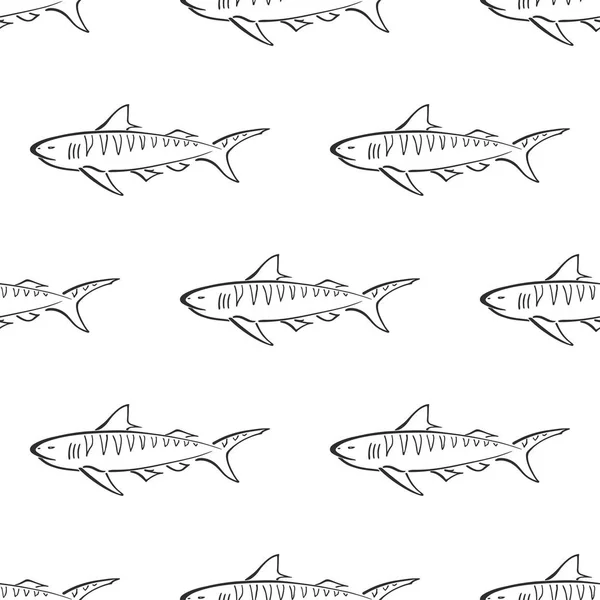 Tiger cápa karakter absztrakt kézzel rajzolt vektor zökkenőmentes mintát. Egyszerűsített retro illusztráció. Óceán kék. Tengeri állat görbe festék jel. Doodle vázlat. Kialakítás, tapéta, textilnyomtatás elem. — Stock Vector