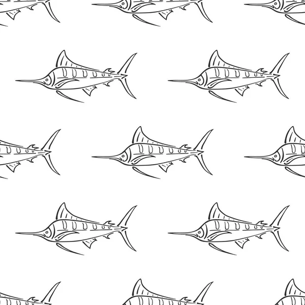 Marlin sailfish charakter abstrakte handgezeichnete vektor nahtlose muster. Vereinfachte Retro-Illustration. Meeres- und Meerestierkurve Zeichen malen. Doodle-Sketch. Element für Design, Tapete, Stoffdruck. — Stockvektor