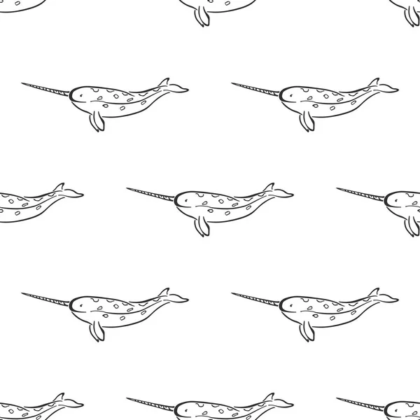 Caractère narval baleine motif abstrait dessiné à la main vectoriel sans couture. Illustration rétro. Mammifère sauvage marin. Panneau de peinture courbe océan et animal de mer. Croquis de caniche. Élément pour le design, impression tissu . — Image vectorielle