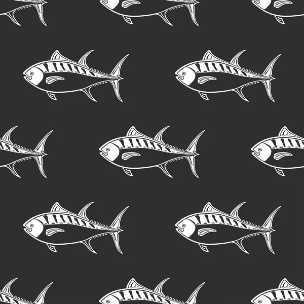 Fat tuna character abstract ink hand drawn vector seamless pattern. Simplified retro illustration. Ocean, sea animal curve paint sign. Doodle sketch. Element for design, wallpaper, fabric print. Tunny — Stock Vector