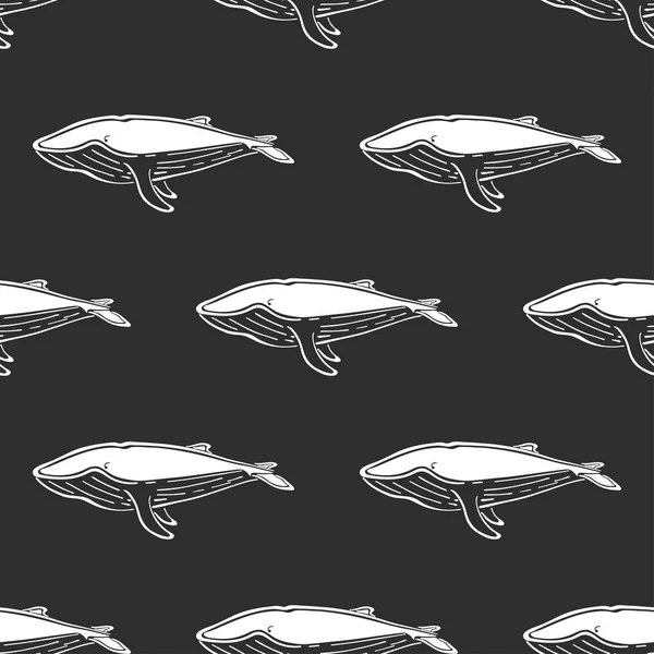 Whale character abstract hand drawn vector seamless pattern. Retro illustration. Marine wild mammal. Ocean and sea animal curve paint sign. Doodle sketch. Element for design, wallpaper, fabric print. — 스톡 벡터