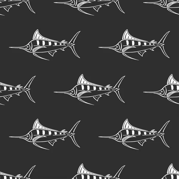 Marlin sailfish charakter abstrakte handgezeichnete vektor nahtlose muster. Vereinfachte Retro-Illustration. Meeres- und Meerestierkurve Zeichen malen. Doodle-Sketch. Element für Design, Tapete, Stoffdruck. — Stockvektor