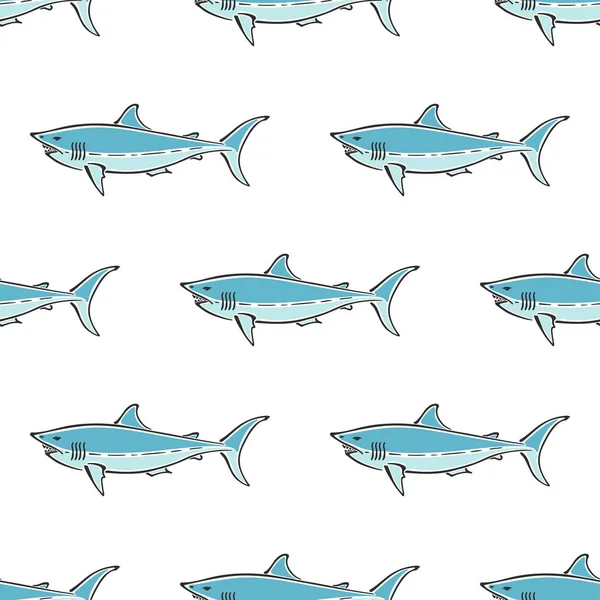 Bílý žralok znak abstraktní ručně kreslený vektor bezešvé vzor. Zjednodušená barevná ilustrace. Oceán modrý. Nápis "Mořská zvířata". Čmáranice. Prvek pro design, tapety, potisk tkaniny. — Stockový vektor