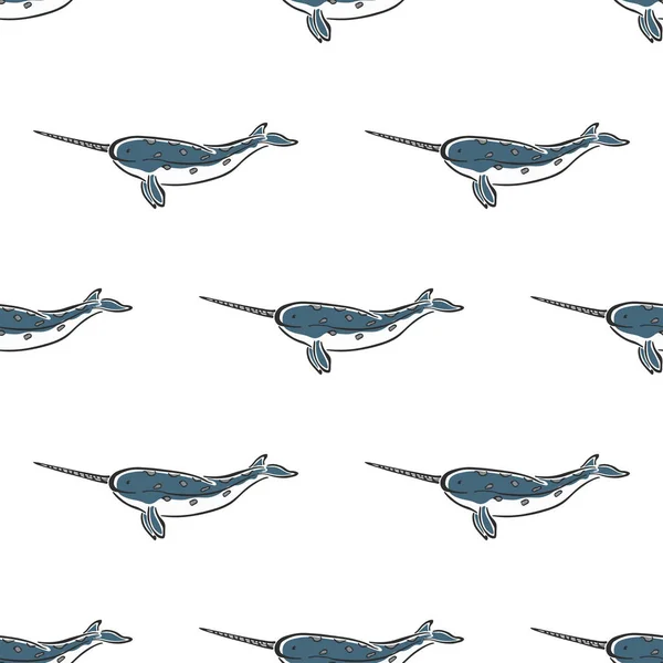 Narval baleine caractère abstrait couleur dessiné à la main vecteur motif sans couture. Illustration rétro. Mammifère sauvage marin. Océan, animal de mer courbe de peinture signe. Croquis de caniche. Élément pour le design, impression tissu . — Image vectorielle