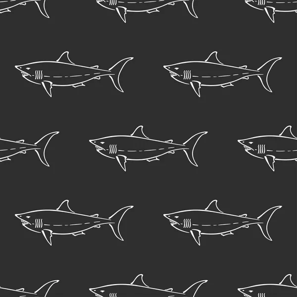 Символ белой акулы абстрактный нарисованный вручную векторный бесшовный узор. Упрощенная ретро иллюстрация. Синий океан. Знак кривой краски морских животных. Рисунок с рисунком. Элемент для дизайна, обои, тканевая печать . Векторная Графика