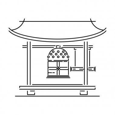 Japonya dönüm noktası - tapınak, tapınak, kale, pagoda, kapı vektör illüstrasyon basitleştirilmiş seyahat simgesi. Çin, Asya manzara geleneksel ev. Çizgi krokisi. Tasarım, kumaş baskı için gerçekçi eleman.