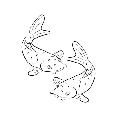 Japon sazan koi karakter soyut mürekkep el çizilmiş vektör logosu karikatür. Retro illüstrasyon. Çin geleneksel kaligrafi eğrisi boya fırça işareti. Karalama çizimi. Tasarım için eleman, kumaş baskı.