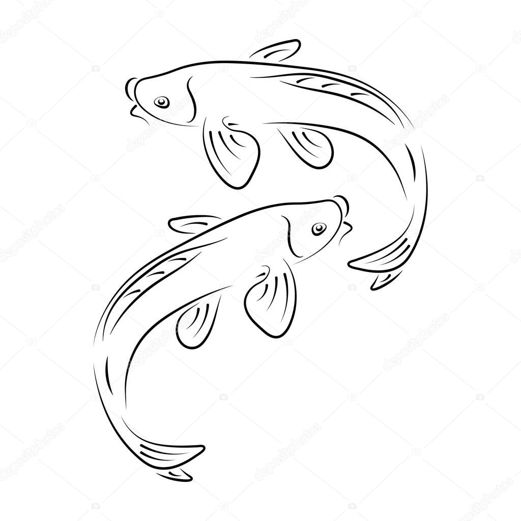Japanese carp koi abstract ink hand drawn vector logo cartoon. Chinese traditional decor calligraphy curve paint brush sign. Line sketch illustration. Realistic element ornament design, fabric print.