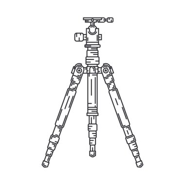 Line düz vektör simgesi dijital fotoğrafçı profesyonel ekipman. Fotoğraf sanatı. Fotoğraf makinesi prekast kompakt tripod. Karikatür tarzı illüstrasyon, eleman tasarımı. Snapshot fotoğraf stüdyosu lens.