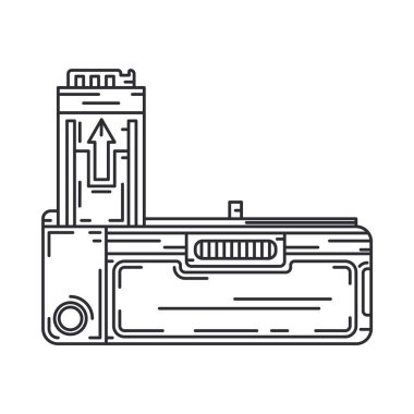 Line düz vektör simgesi dijital fotoğrafçı profesyonel ekipman. Fotoğraf sanatı. Fotoğraf kamera pil kompakt güç bankası. Karikatür tarzı illüstrasyon, eleman tasarımı. Anlık fotoğraf stüdyosu.