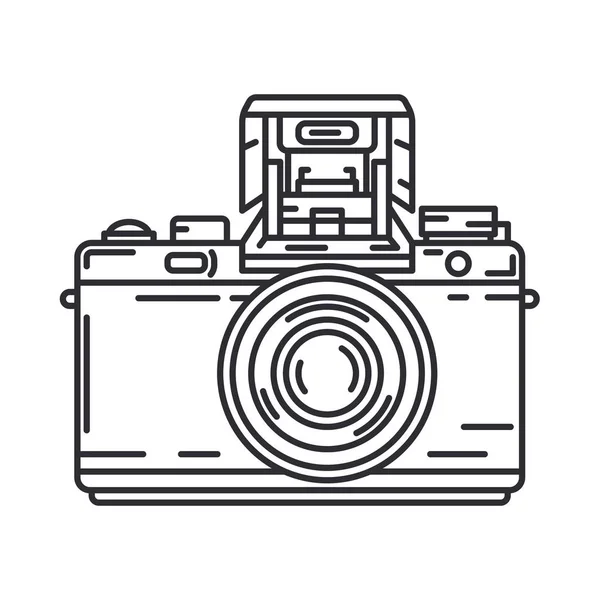 Line vector icon with digital slr professional camera. Photography art. Megapixel photocamera. Cartoon style illustration, element design. Photographic lens. Snapshot equipment. Digital photo studio. — Stock Vector