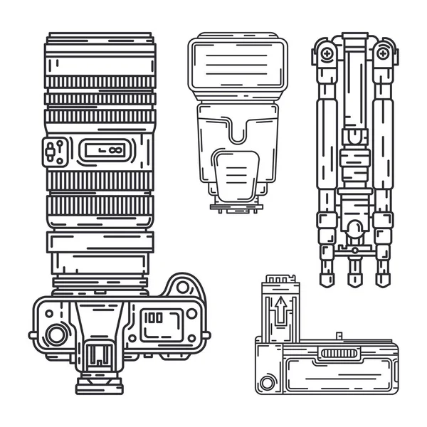 Ícone de vetor de linha conjunto de equipamentos profissionais fotógrafo digital. Fotografia. Banco de energia fotográfica, tripé, câmera, lente, flash. Desenhos animados ilustração estilo, projeto do elemento. Estúdio de fotografia . —  Vetores de Stock