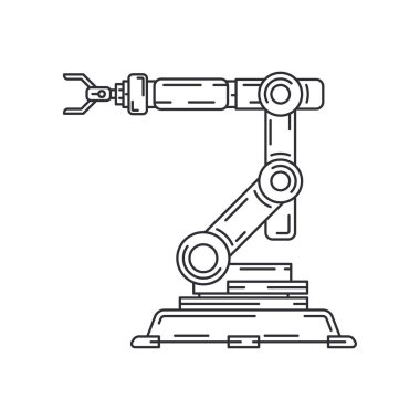 Line düz vektör simgesi fabrika konveyör robot kol sistemi. Otomatik endüstri montaj robotik makine. Küreselleşme emekçi teknoloji süreci. Mekanik işçisi. Karikatür tarzı illüstrasyon, tasarım.