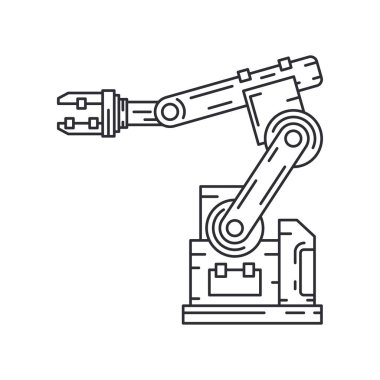 Line düz vektör simgesi fabrika konveyör robot kol sistemi. Otomatik endüstri montaj robotik makine. Küreselleşme emekçi teknoloji süreci. Mekanik işçisi. Karikatür tarzı illüstrasyon, tasarım.