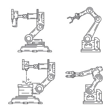Çizgi düz vektör simgesi seti fabrika konveyör robot kol sistemi. Otomatik endüstri montaj robotik makine. Küreselleşme emekçi teknoloji süreci. Mekanik işçisi. Karikatür tarzı illüstrasyon.